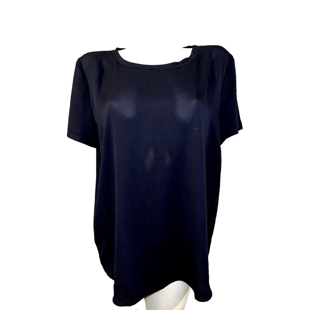 Ann Taylor Navy Blue Short Sleeve Crepe Blouse Crew Neck XL Minimalist Top